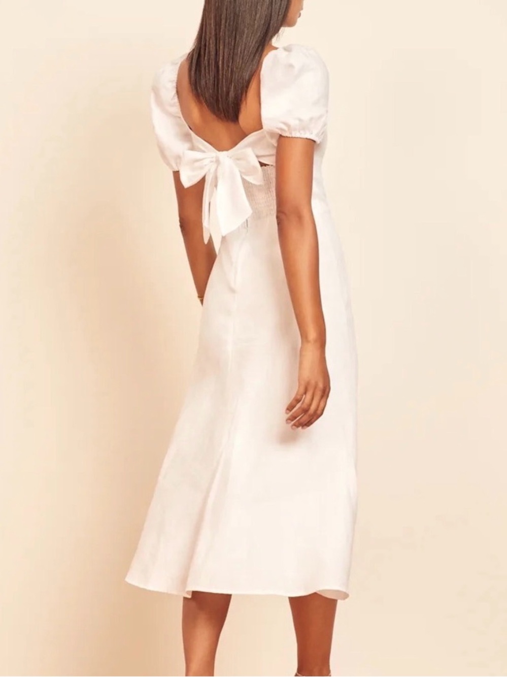Reformation Denver White Linen Open Back Puff Sleeve Romantic Midi Dress Size 0 - Picture 3 of 11